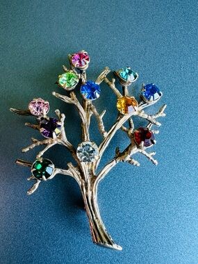 VTG Gold Vermeil Sterling Silver Tree of Life Rhinestones Brooch Multicolored